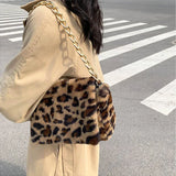 Leopard Print Thick Chain Shoulder Bag Plush Handbag