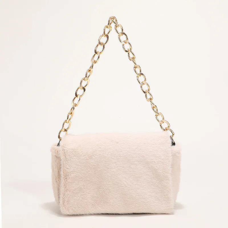 Leopard Print Thick Chain Shoulder Bag Plush Handbag