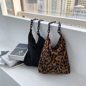 Corduroy Leopard Pattern Shoulder Bag with Thick Chain for Women
