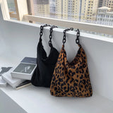 Corduroy Leopard Pattern Shoulder Bag with Thick Chain for Women
