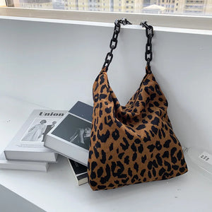 Corduroy Leopard Pattern Handbag with Thick Chain - Warm Crossbody Bag