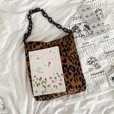 Corduroy Leopard Pattern Handbag with Thick Chain - Warm Crossbody Bag