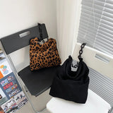 Corduroy Leopard Pattern Handbag with Thick Chain - Warm Crossbody Bag