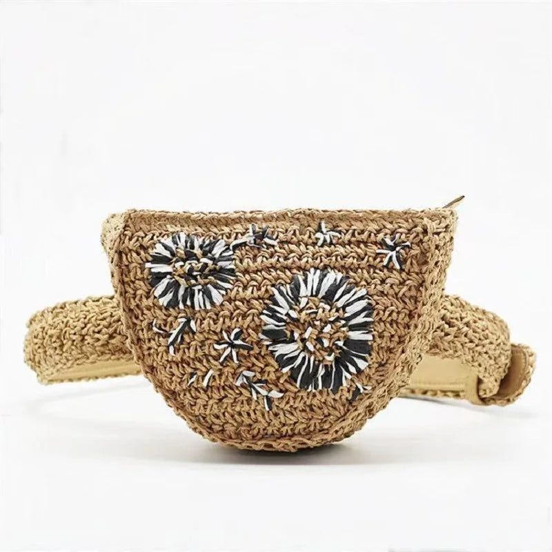 Straw Flower Waist Pack Zipper Chest Bag Ladies Travel Mobile Phone Purse