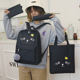 Canvas School Backpack Set with Cat Print for Girls