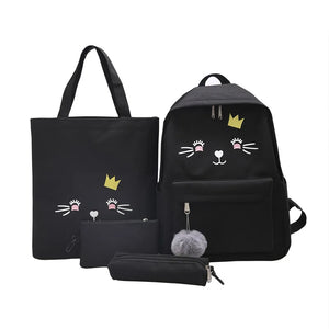 Canvas School Backpack Set with Cat Print for Girls