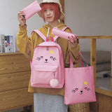 Canvas School Backpack Set with Cat Print for Girls