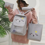 Canvas School Backpack Set with Cat Print for Girls