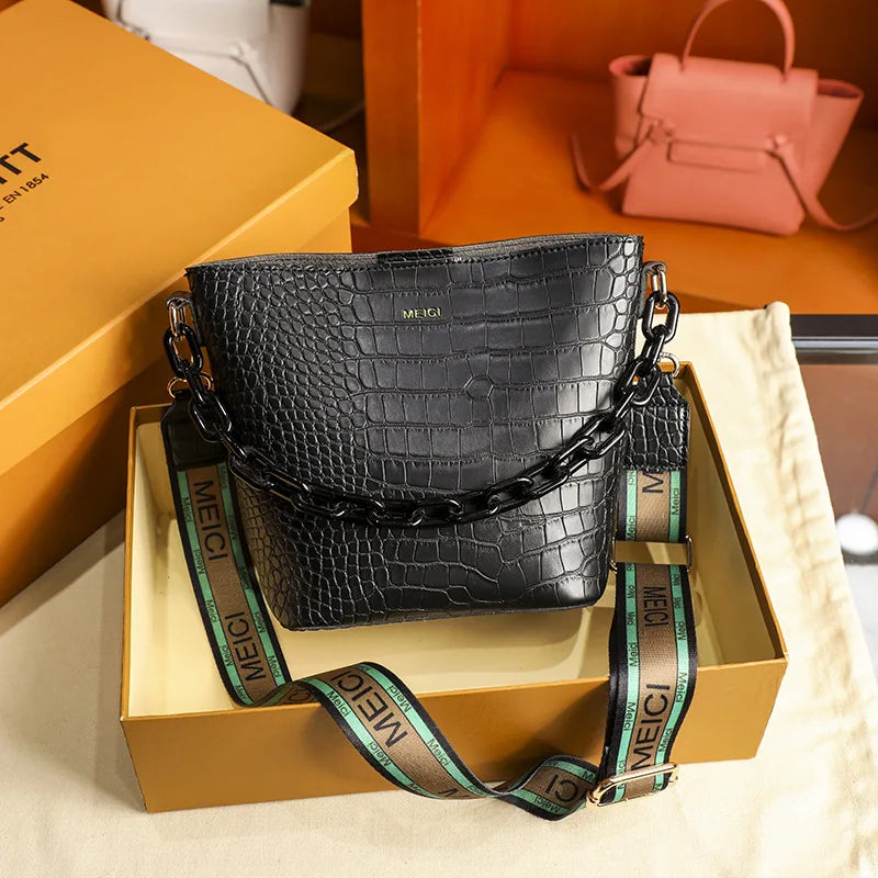 Crocodile Crossbody Bag for Women Shoulder Bag PU Leather Bucket Handbag