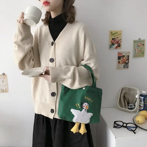 Canvas Shopper Bag Female with Cartoon Duck Embroidery