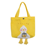 Canvas Shopper Bag Female with Cartoon Duck Embroidery