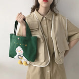 Canvas Shopper Bag Female with Cartoon Duck Embroidery