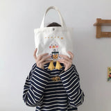 Canvas Shopper Bag Female with Cartoon Duck Embroidery