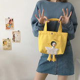 Canvas Shopper Bag Female with Cartoon Duck Embroidery