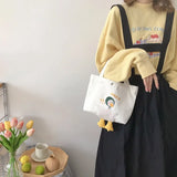 Canvas Shopper Bag Female with Cartoon Duck Embroidery