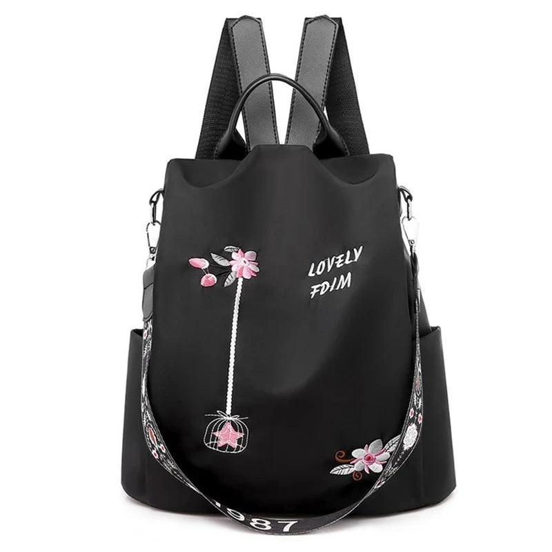 Embroidered Backpack Women Small Fresh Oxford Cloth Backpack Anti-Theft