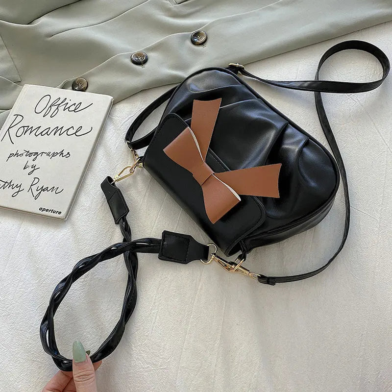 Women's High PU Leather Shoulder Bag Bow Pleated Crossbody