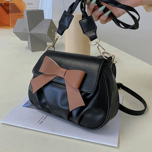 Women's High PU Leather Shoulder Bag Bow Pleated Crossbody