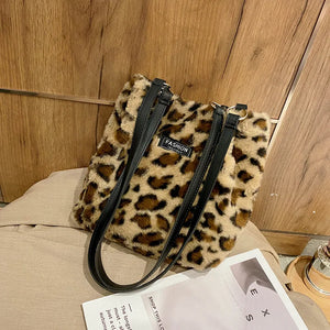 Leopard Crossbody Handbag Plush Shoulder Bag for Women