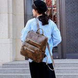 Plaid Leather Backpack Women's Multifunction Travel Bag