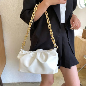 Women Leather Handbag Metal Chain Clutch Bag Shoulder Bag