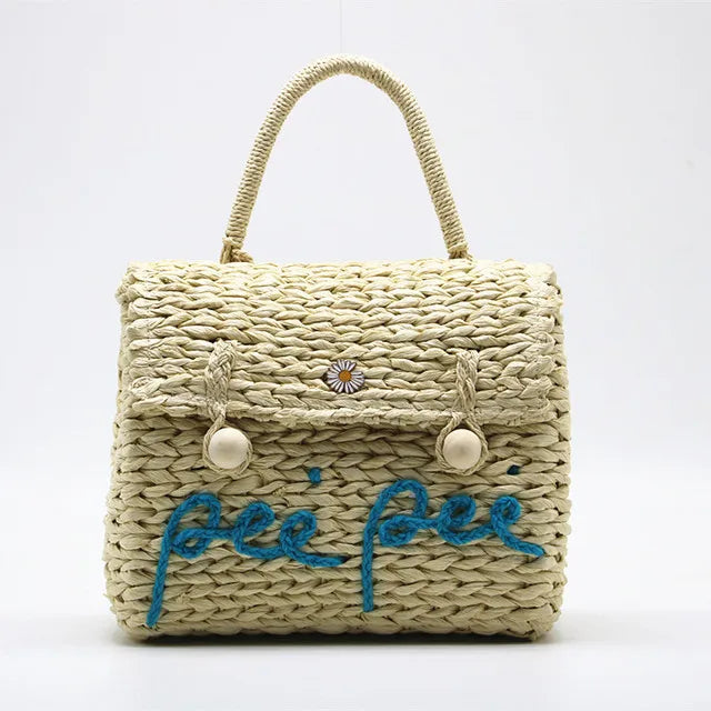 Hand Woven Straw Bag Letter Design