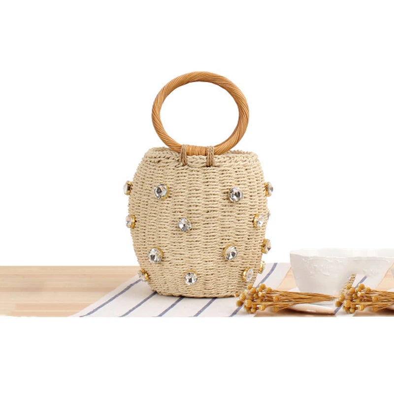 Rhinestone Crystal Straw Bucket Bag Handbag