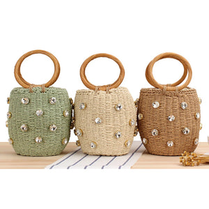 Rhinestone Crystal Straw Bucket Bag Handbag