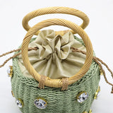 Rhinestone Crystal Straw Bucket Bag Handbag