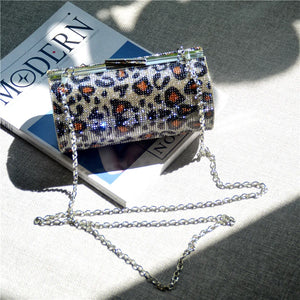 Leopard Print Rhinestone Dinner Bag Women Cylindrical Shoulder Bag