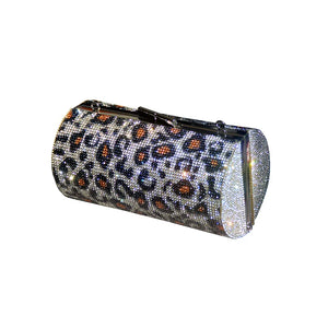 Leopard Print Rhinestone Dinner Bag Women Cylindrical Shoulder Bag