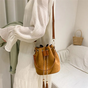 Mini Crossbody Handbags Bucket Bag Small Tassel PU Leather Women