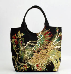 Sequins Peacock Embroidered Women Canvas Totes Bag String Handbag