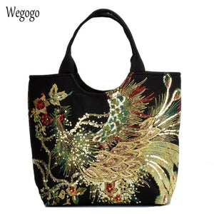 Sequins Peacock Embroidered Women Canvas Totes Bag String Handbag