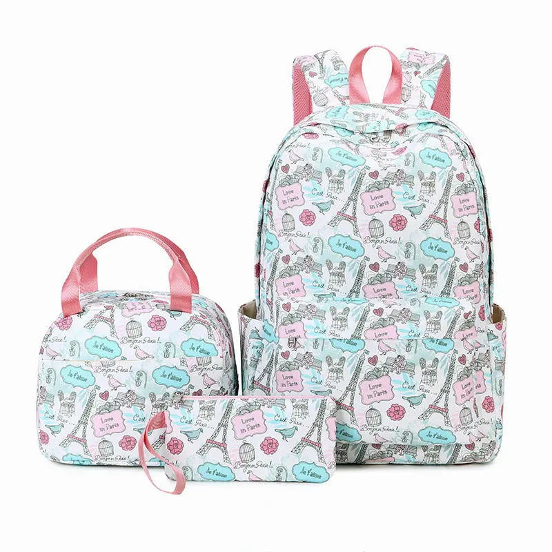 3-Piece Student Schoolbag Female Polyester Printing Backpack