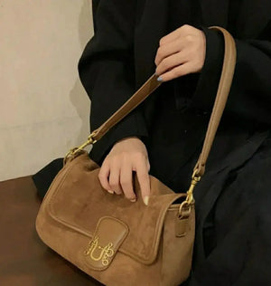 Retro Underarm Bag Cowhide Suede Female Shoulder Handbag