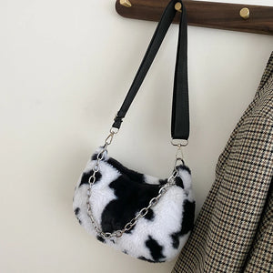 Winter Cow Print Plush Shoulder Bag for Women Crossbody Warm Fur Fluffy Bag