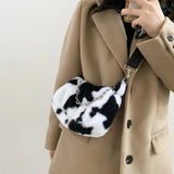 Winter Cow Print Plush Shoulder Bag for Women Crossbody Warm Fur Fluffy Bag