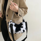 Winter Cow Print Plush Shoulder Bag for Women Crossbody Warm Fur Fluffy Bag
