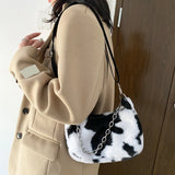 Winter Cow Print Plush Shoulder Bag for Women Crossbody Warm Fur Fluffy Bag