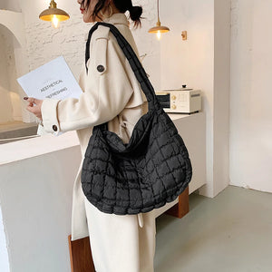 Winter Soft Down Fabric Shoulder Bag Lattice Pattern Women's Capacity Tote
