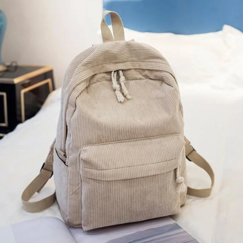 Corduroy School Backpack for Teen Girls Striped Rucksack