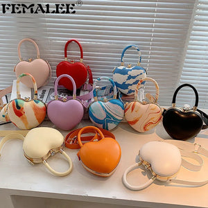 Women's Bag Stripe Heart Shaped Handbags Girls PU Leather Crossbody Bag