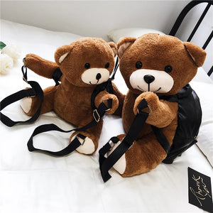 Plush Bear Backpack PU Leather Women/Girls Backpack Plush Teddy Bear Backpack