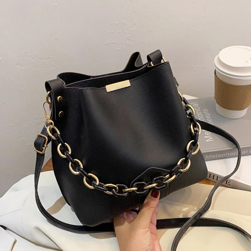 Shoulder Bag Ladies All-match Chain Bucket Messenger Handbag PU Large Capacity B