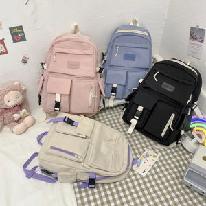 Preppy Style Canvas Backpack Women Contrast Harajuku Backpacks Students School