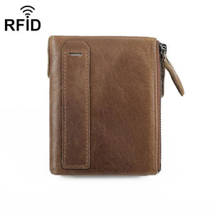 RFID Wallet Men Short Double Zipper Purse Real Leather Wallet