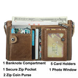 RFID Wallet Men Short Double Zipper Purse Real Leather Wallet