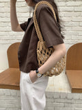 Summer Hollow Woven Shoulder Bag Lightweight Bucket Purse Handbag
