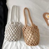 Summer Hollow Woven Shoulder Bag Lightweight Bucket Purse Handbag